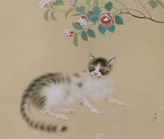 570x484 Vintage Japanese Art Painting Cat And Spring By By Sakuraantiques - Japanese Cat Painting