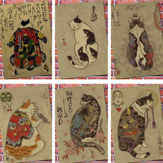 640x640 Vintage Paper Retro Anime Poster Japanese Samurai Cat Tattoo Cat - Japanese Cat Painting