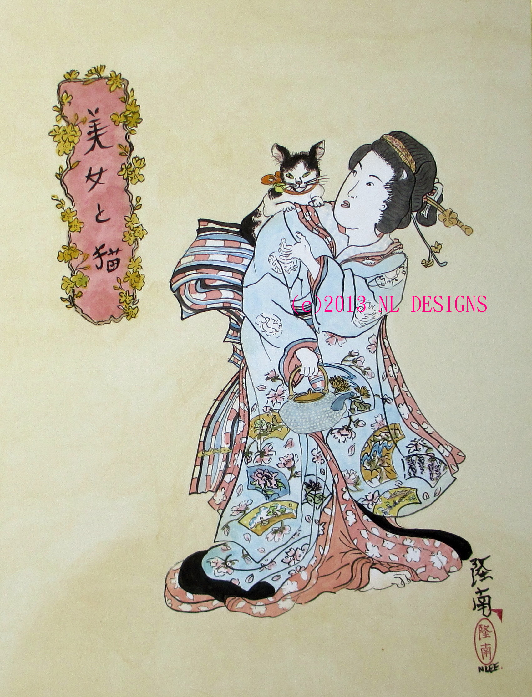 1701x2227 Beautiful Japanese Woman With Cat Nldesignsbythesea - Japanese Cat Painting