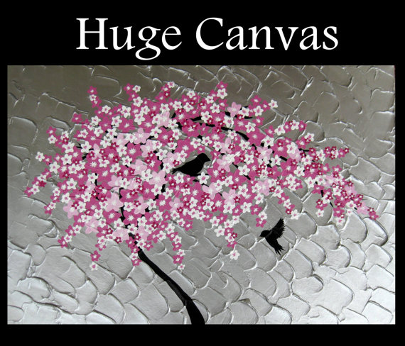 570x488 Large Japanese Style Painting Of A Cherry Blossom Tree And 2 Birds - Japanese Cherry Blossom Tree Painting