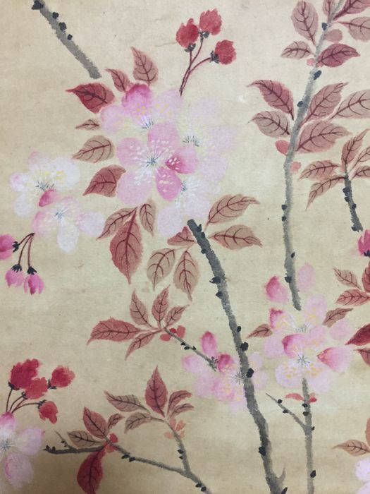 525x700 Hand Painted Paper Hanging Scroll - Japanese Cherry Blossom Watercolor Painting