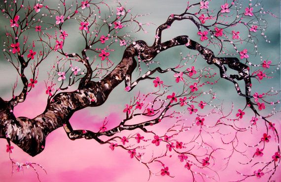 570x370 Japanese Cherry Blossom Huge 24x36 Original Abstract Contemporary - Japanese Cherry Tree Painting