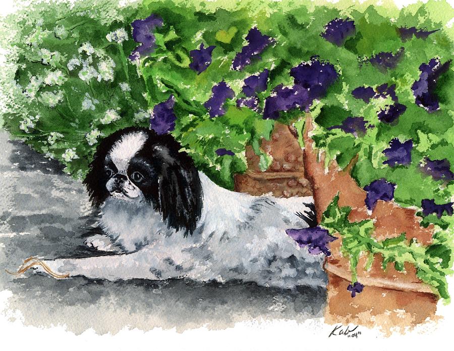 900x695 Japanese Chin Puppy And Petunias Painting By Kathleen Sepulveda - Japanese Chin Painting