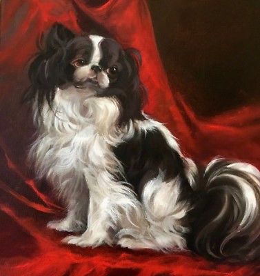 377x400 Barnes Dog Oil Painting Vintage Antique Style Portrait Japanese - Japanese Chin Painting