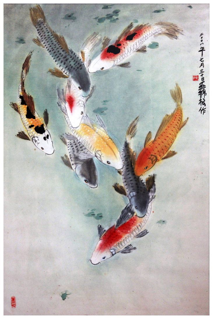 731x1093 Eight Japanese Koi By On @ Koi - Japanese Coy Fish Painting