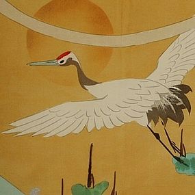 285x285 Japanese Silk Fukusa With Flying Crane Painting - Japanese Crane Painting
