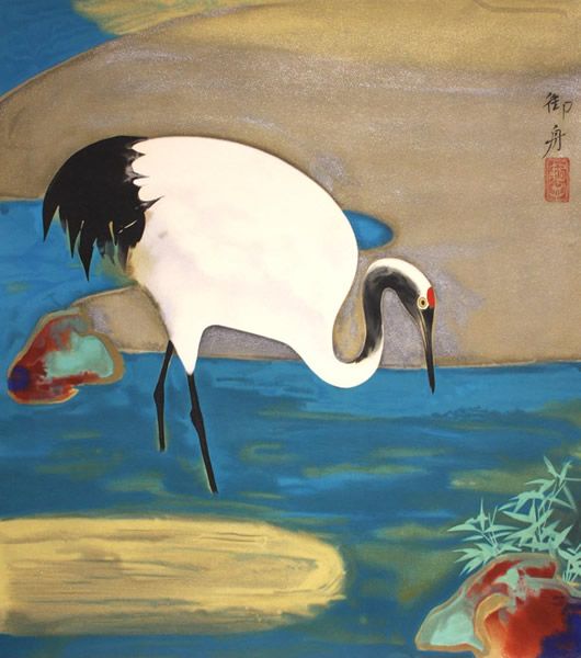 530x600 Pondside Crane, Lithograph By Gyoshu Hayami - Japanese Crane Painting