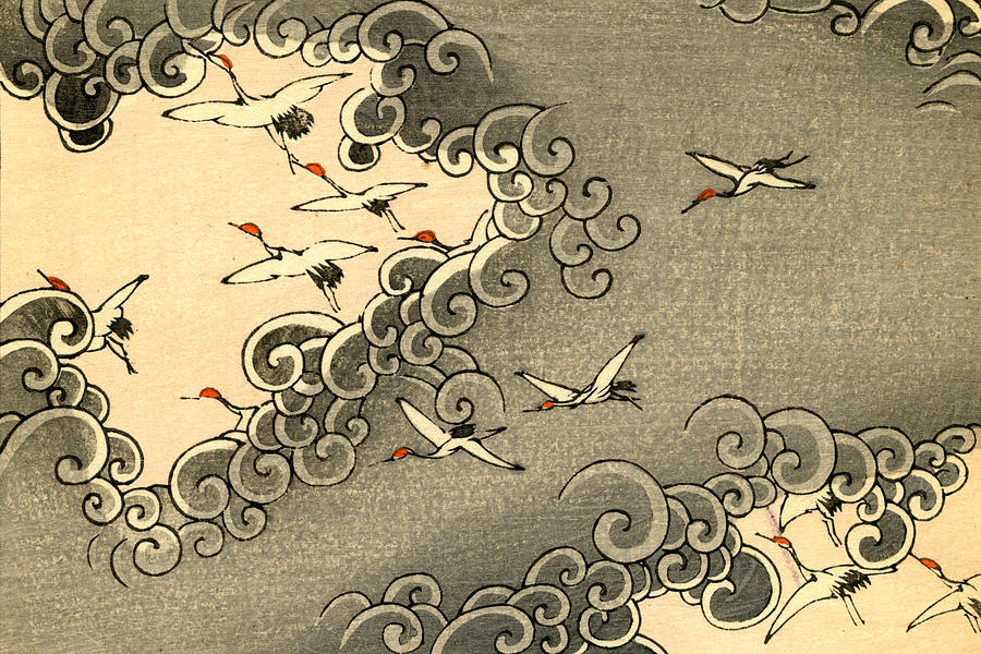 900x600 Vintage Japanese Illustration Of Cranes Flying In Grey Clouds - Japanese Crane Painting