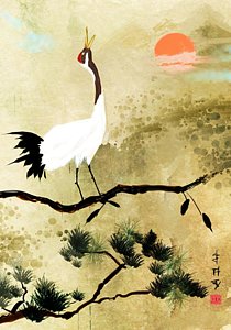 210x300 Evening Japanese Crane Painting By Elaine Weiss - Japanese Crane Painting