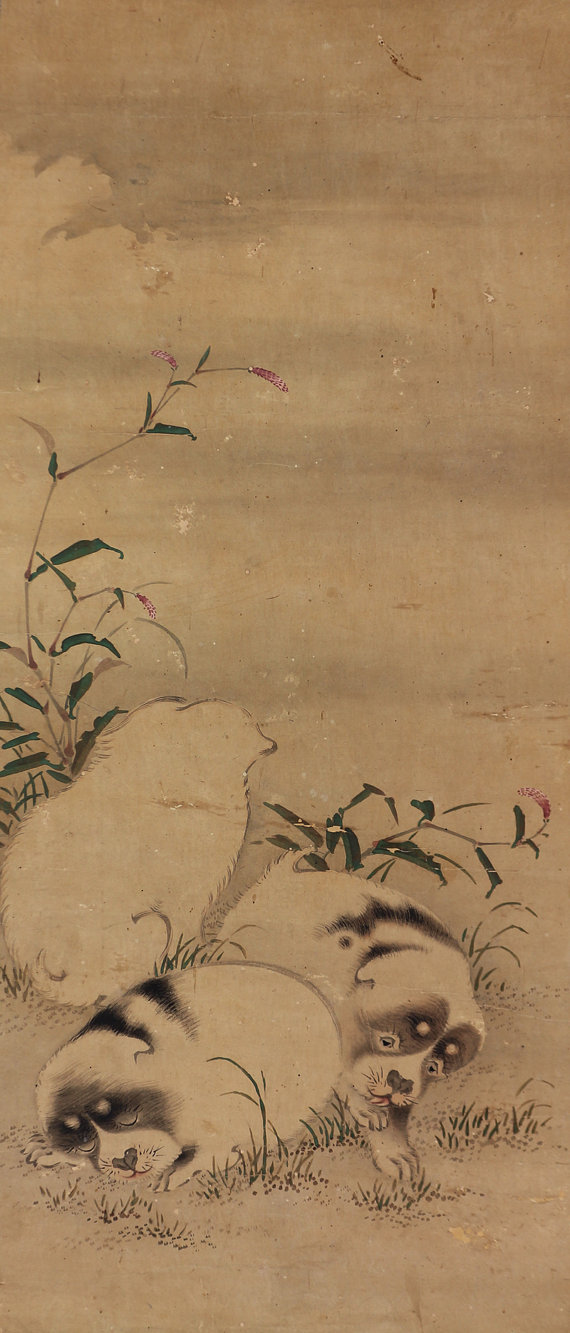 570x1333 Japanese Fine Art Scroll Painting Playful Puppy Dogs In Native - Japanese Dog Painting