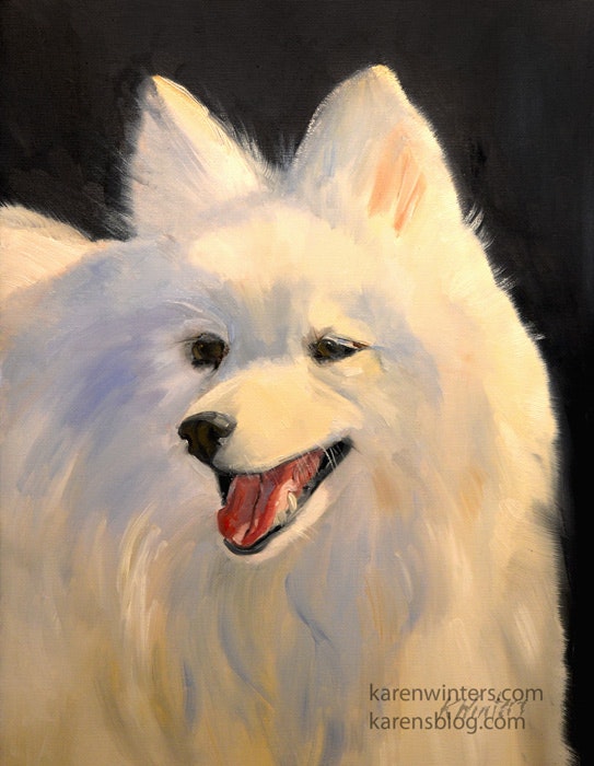 543x700 Japanese Spitz Dog Portrait Painting By Artist Karen Winters, - Japanese Dog Painting