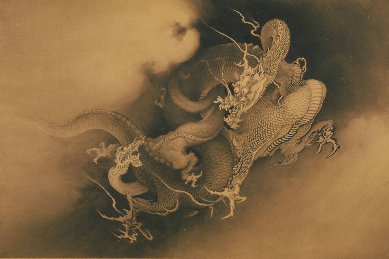 1500x1000 Two Dragons In 1885, By Kano Transportive Art (In - Japanese Dragon Painting Wallpaper