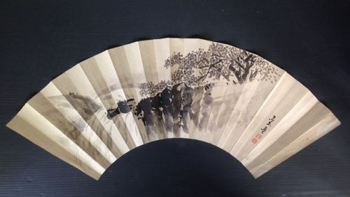 500x282 Japanese Fan Painting Of Waterfall Landscape (Item - Japanese Fan Painting