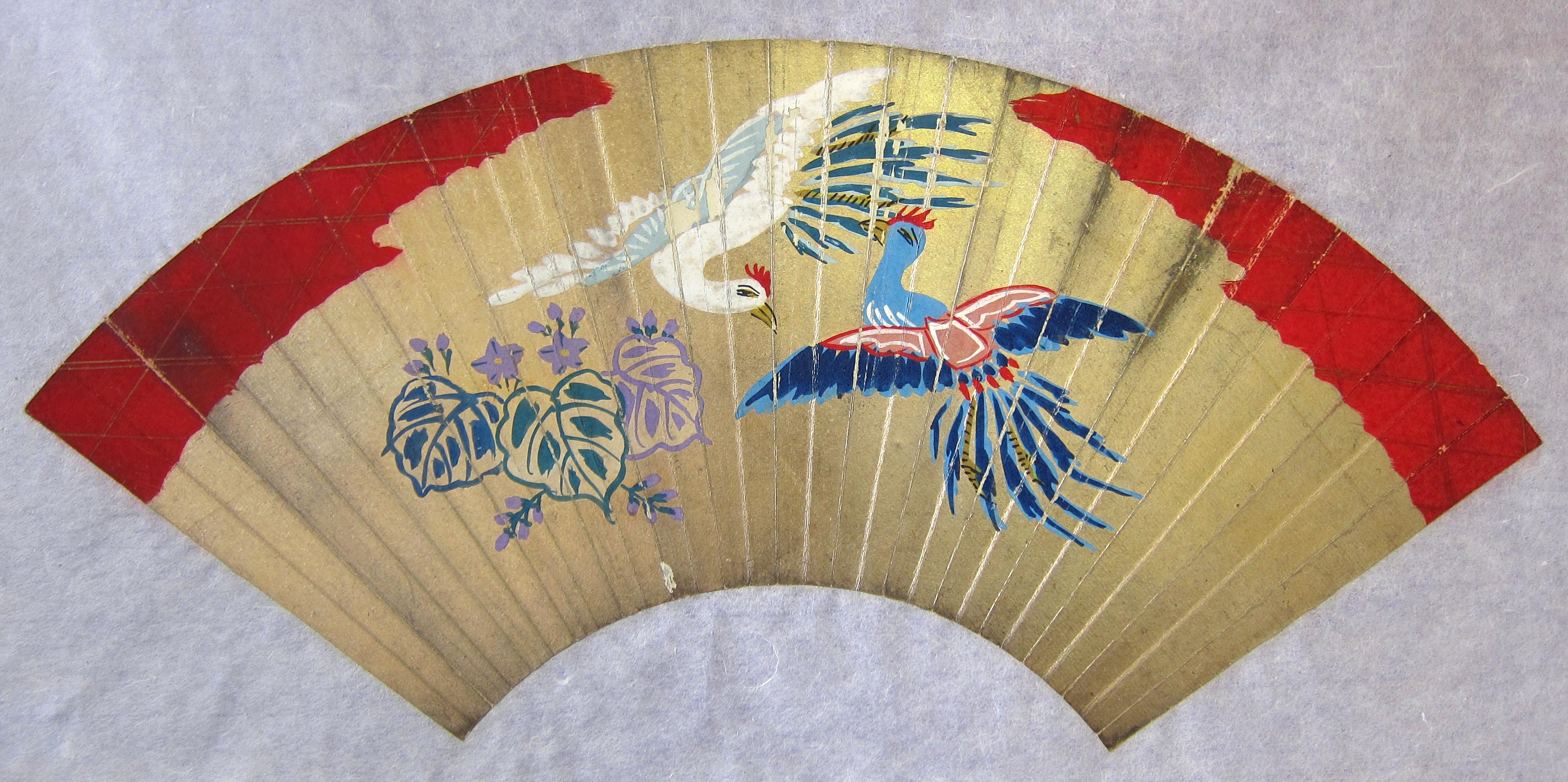 3616x1804 Vintage Japanese Fan Painting With Phoenix - Japanese Fan Painting