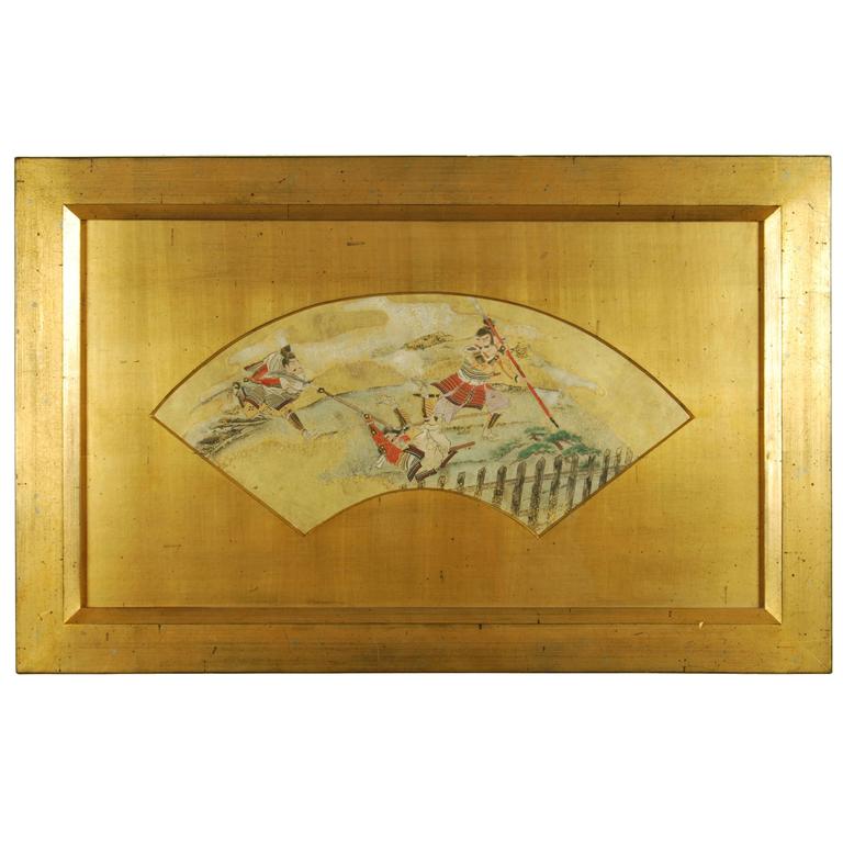 768x768 Antique Japanese Fan Painting With Scenes Of A Samurai Battle - Japanese Fan Painting