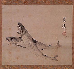 285x265 Japanese Scroll Painting 2 Fish By Gaisen (Item - Japanese Fish Painting