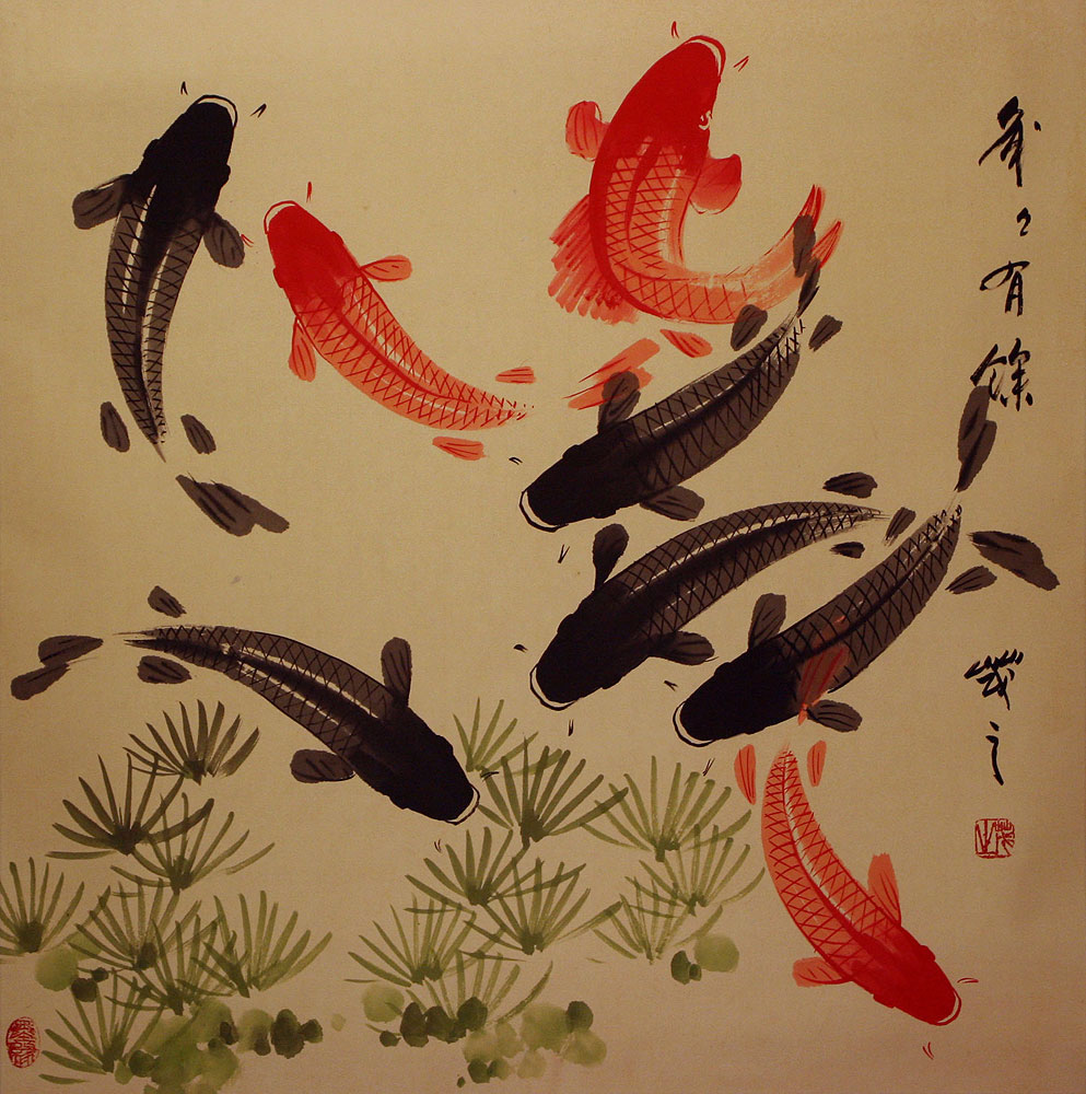 993x1000 Large Koi Fish Painting On Antiqued Chinese Paper - Japanese Fish Painting