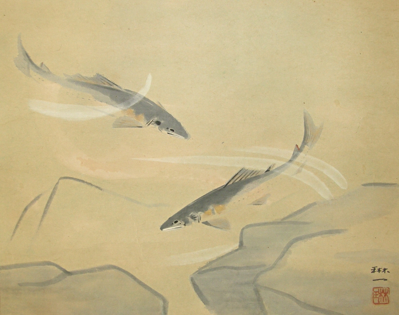 820x648 Sp 50092 [ Sweetfish ] Japanese Vintage Bird And Flower Painting - Japanese Fish Painting