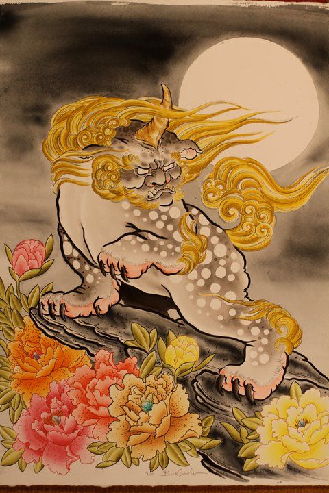 480x720 Foo Dog Painting By Bill Canales From Full Circle Tattoo, San - Japanese Foo Dog Painting