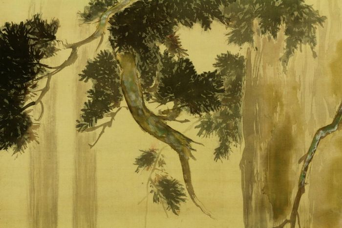 700x466 Signed Japanese Scroll Painting (Kakemonokakejiku) Of A Komainu - Japanese Forest Painting