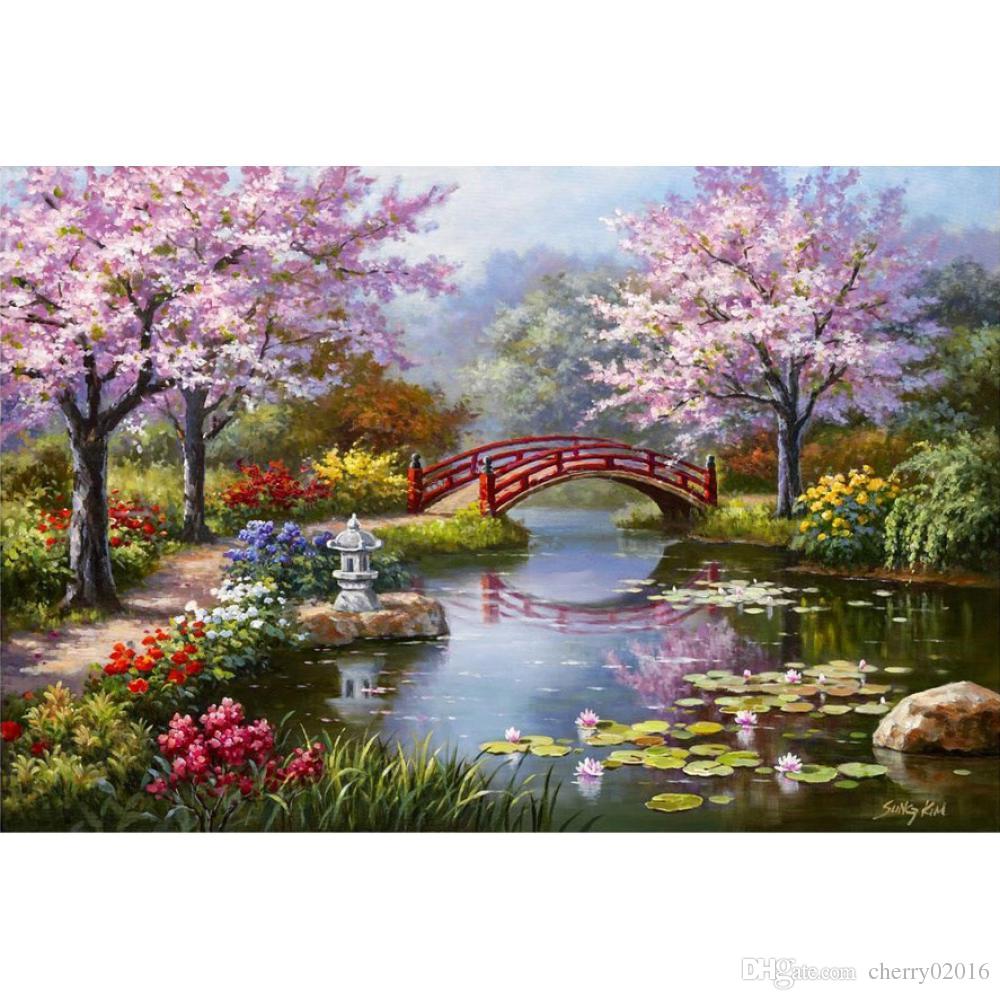 1000x1000 2018 Modern Landscapes Art Japanese Garden In Bloom By Sung Kim - Japanese Garden Painting