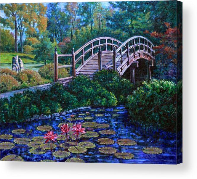 665x605 Japanese Garden Bridge Acrylic Print By John Lautermilch - Japanese Garden Painting