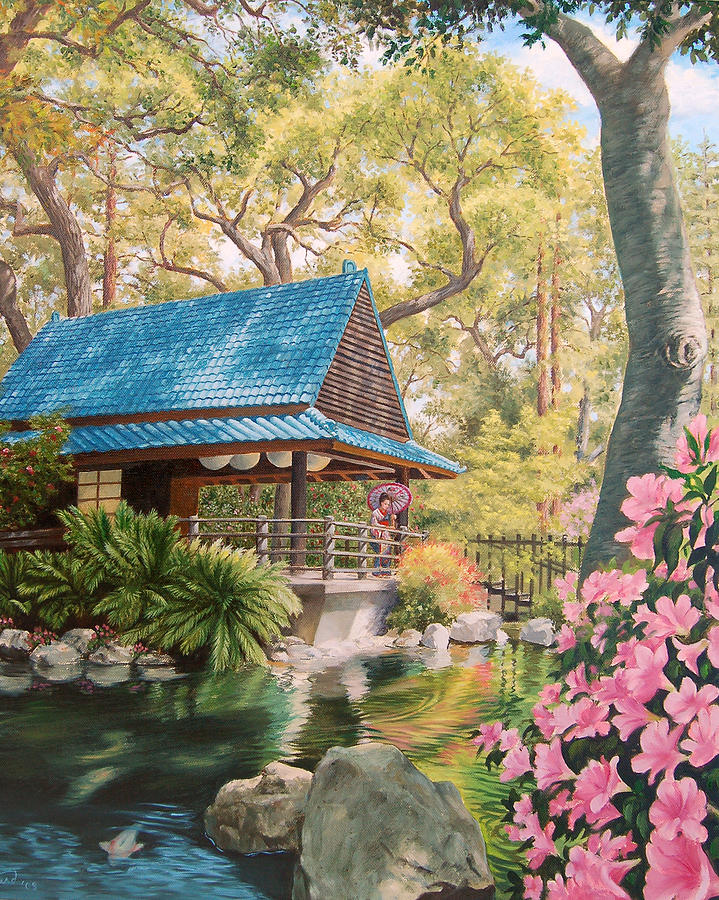 719x900 Geisha In A Japanese Garden Painting By Johanna Girard - Japanese Garden Painting