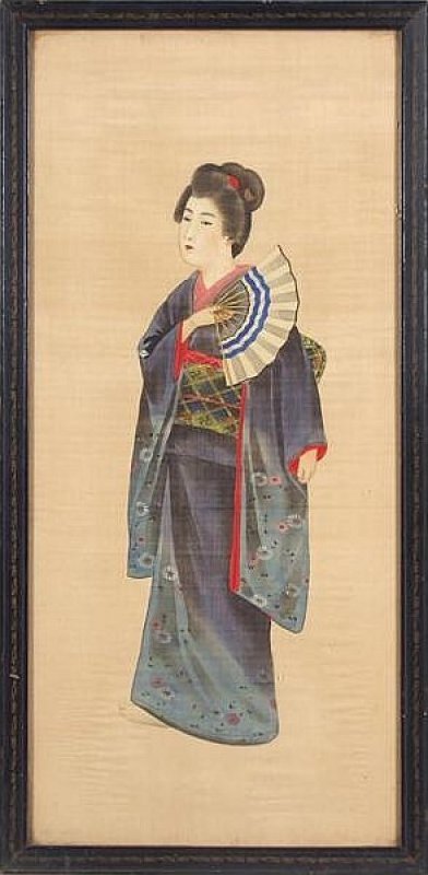 392x800 Japanese Geisha Original Painting On Silk Framed In Ebonized Gilt - Japanese Geisha Painting