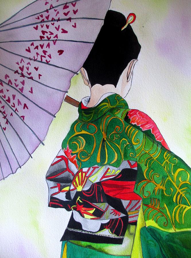 666x900 Japanese Geisha With Purple Umbrella Painting By Sacha Grossel - Japanese Geisha Painting