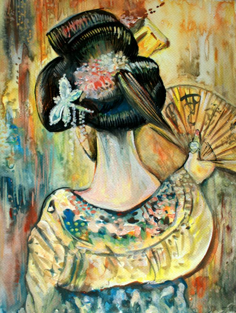 770x1022 Saatchi Art Japanese Geisha With Fan Painting By Alex Solodov - Japanese Geisha Painting