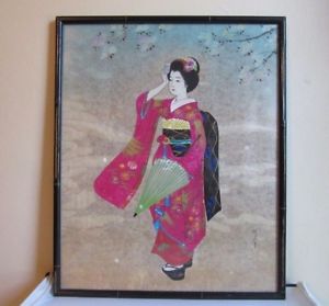 300x279 Vintage 1940's Signed, Hand Painted Japanese Geisha Girl On Silk - Japanese Geisha Painting