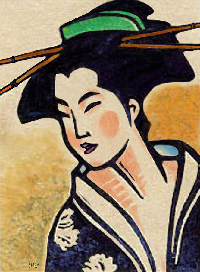 664x900 Geisha Indigo Kimono Painting By Shawn Shea - Japanese Geisha Painting