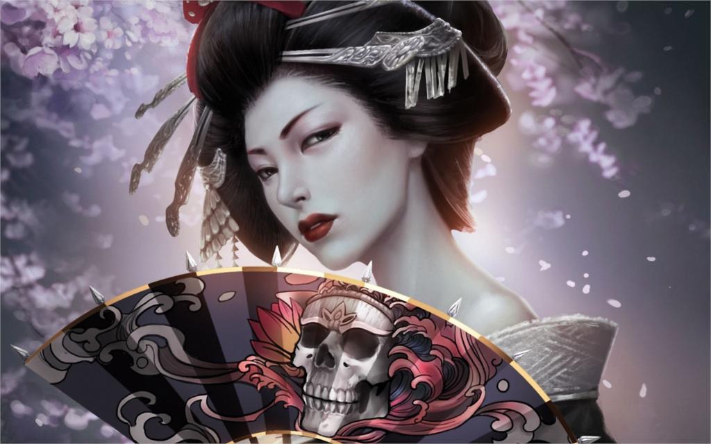 1024x640 Cool Fantasy Japanese Girl Geisha Kimono Fan Skull Living Room - Japanese Girl Painting