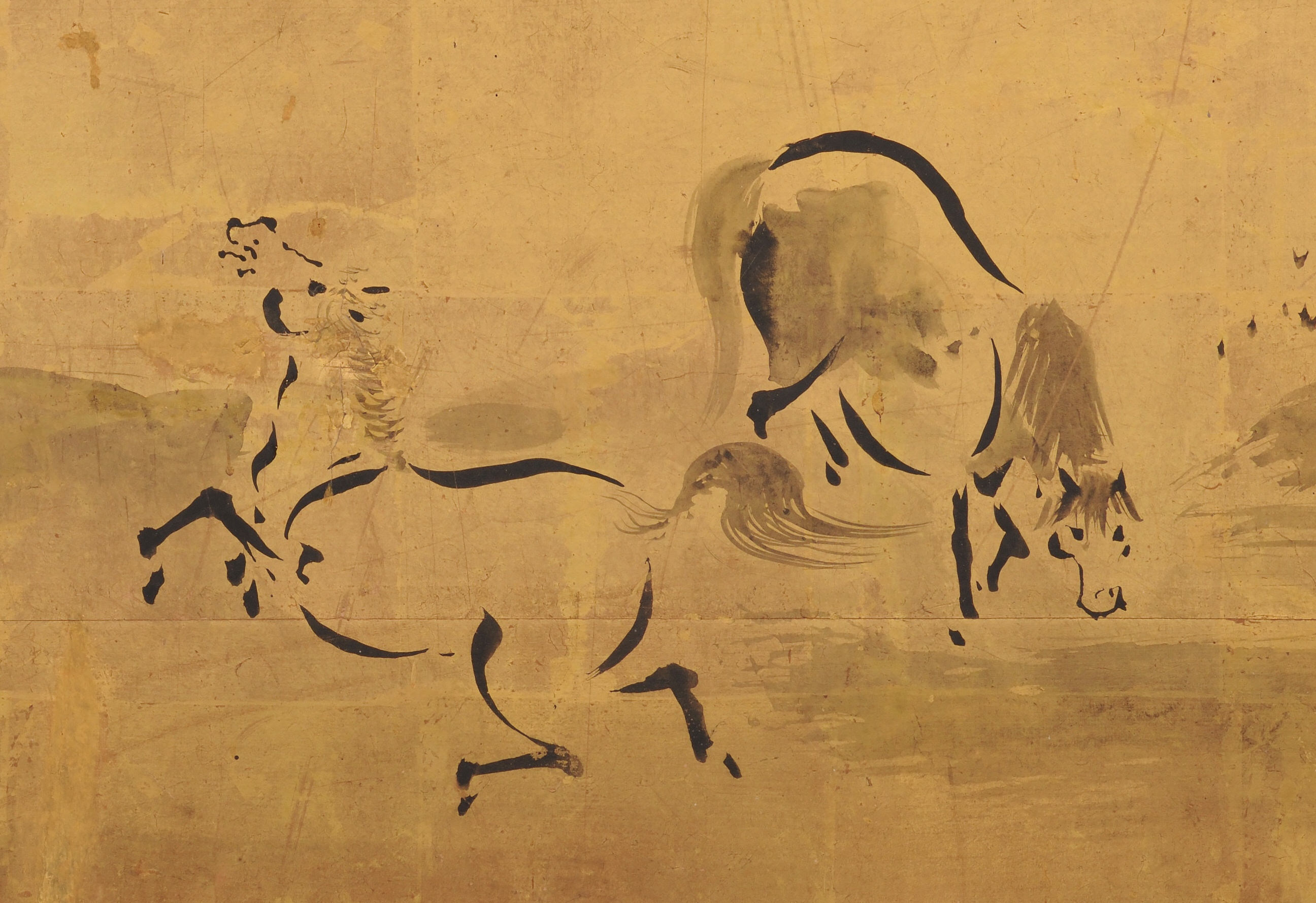 2592x1778 Kano Tanshin (1653 1718) Horses Japanese Folding Screen Painting - Japanese Horse Painting