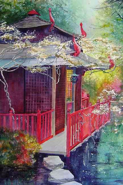433x648 Tea House Japanese Garden By Grace Cowling, Watercolor Painting - Japanese House Painting