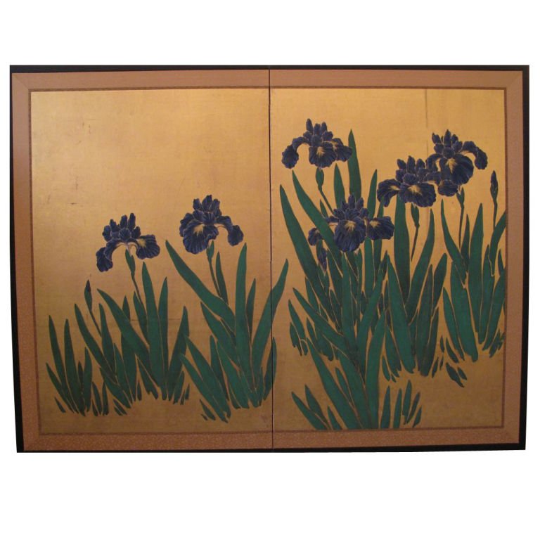 768x768 Japanese Screen Painting Of Iris On Gold. - Japanese Iris Painting