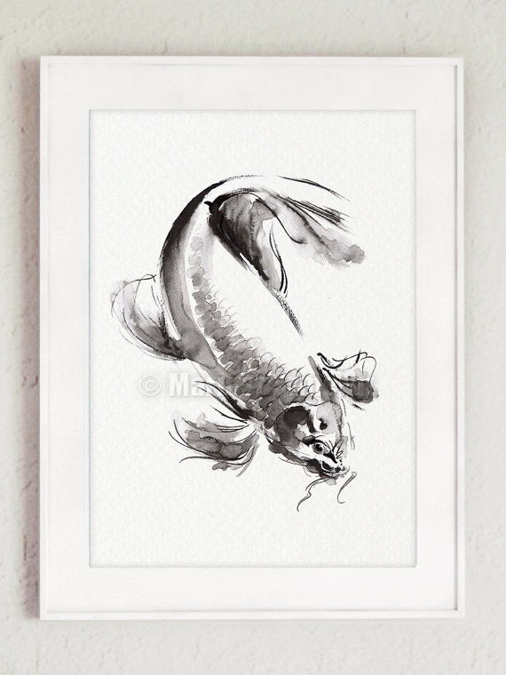 570x760 Japanese Koi Fish Painting Sumi E Painting Ink Brush Art - Japanese Koi Fish Painting