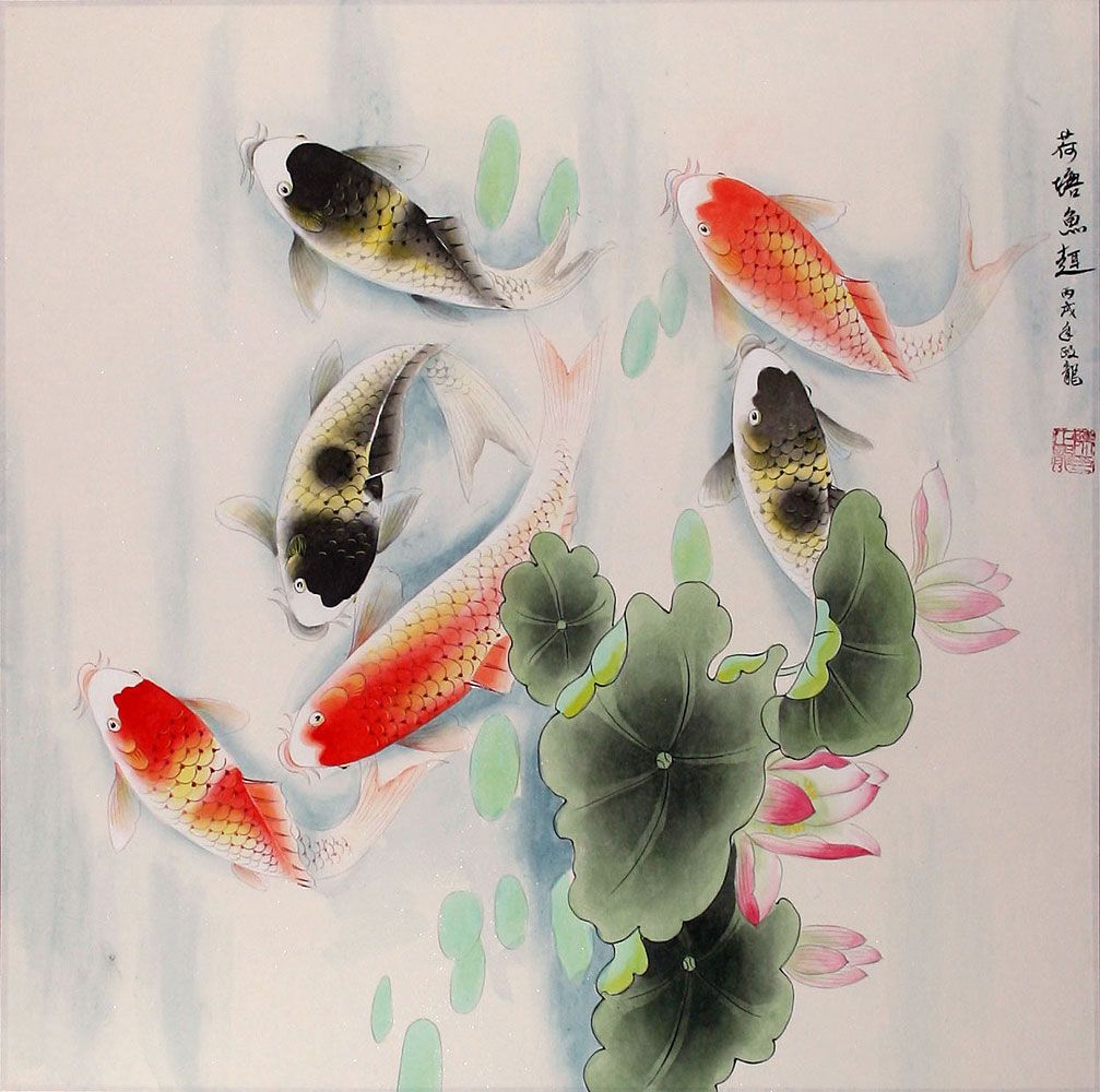 1007x1000 Koi Fish Having Fun In The Lotus Pond Painting Asian Koi Fish - Japanese Koi Fish Painting