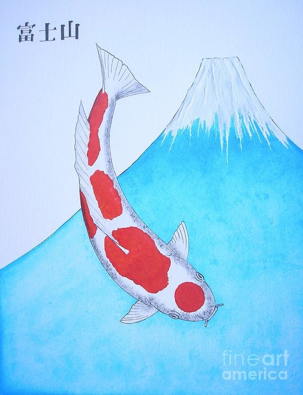 600x782 Japanese Koi Kohaku Mt Fuji Painting Poster By Gordon Lavender - Japanese Koi Painting