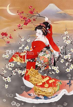 300x436 2018 Black Red Kimono Lady Japan Style Pictures Decoration Plum - Japanese Lady Painting
