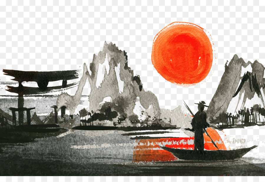 900x620 Japanese Landscape Sunset Watercolor Painting Landscape Painting - Japanese Landscape Painting