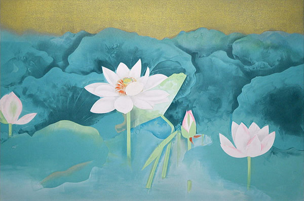 600x396 Lotus, Lithograph By Togyu Okumura - Japanese Lotus Painting