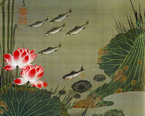 300x240 A Shoal Of Trout Amp Lotus Ito Jakuchu Japanese Painting Real Canvas - Japanese Lotus Painting