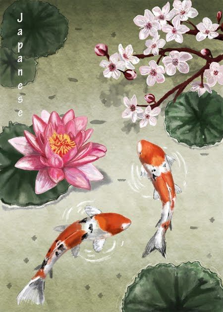 450x630 Cherry Blossom, Lotus Flower, And Koi Japanese Designs - Japanese Lotus Painting