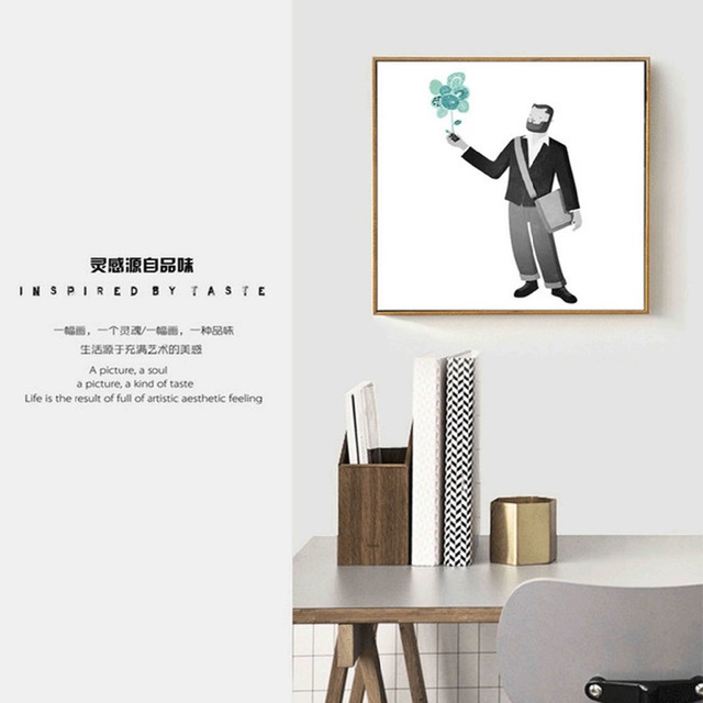 640x640 Japanese Cartoon Blue Cloudy Balloon Man Woman With Gramophone - Japanese Minimalist Painting