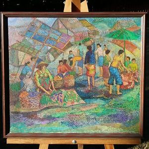 300x300 Vtg Oil Painting Canvas Dot Village Japanese Chinese Korean - Japanese Oil Painting