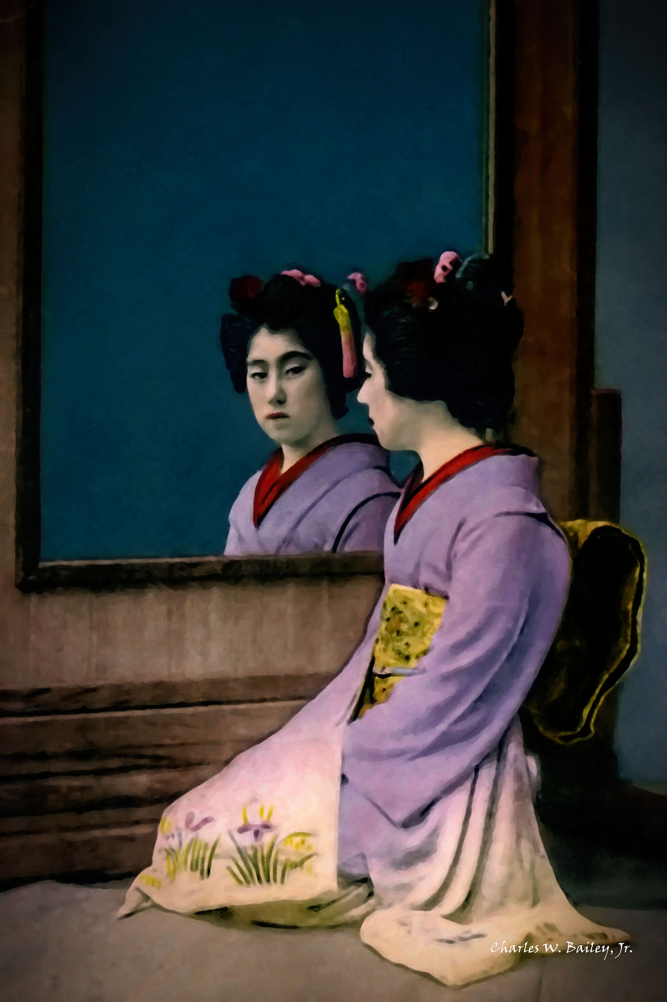 1365x2048 Digital Oil Painting Of A Japanese Woman Sitting Before A Mirror - Japanese Oil Painting Artists