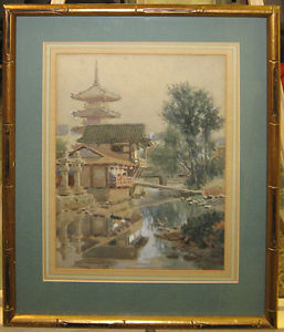 257x300 Chiyogi Yazaki (1872 1947) Early Wc Of Japanese Pagoda By Stream - Japanese Pagoda Painting