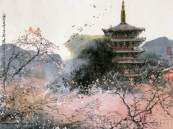 700x525 Japanese Pavilion And Cherry Blossom - Japanese Pagoda Painting