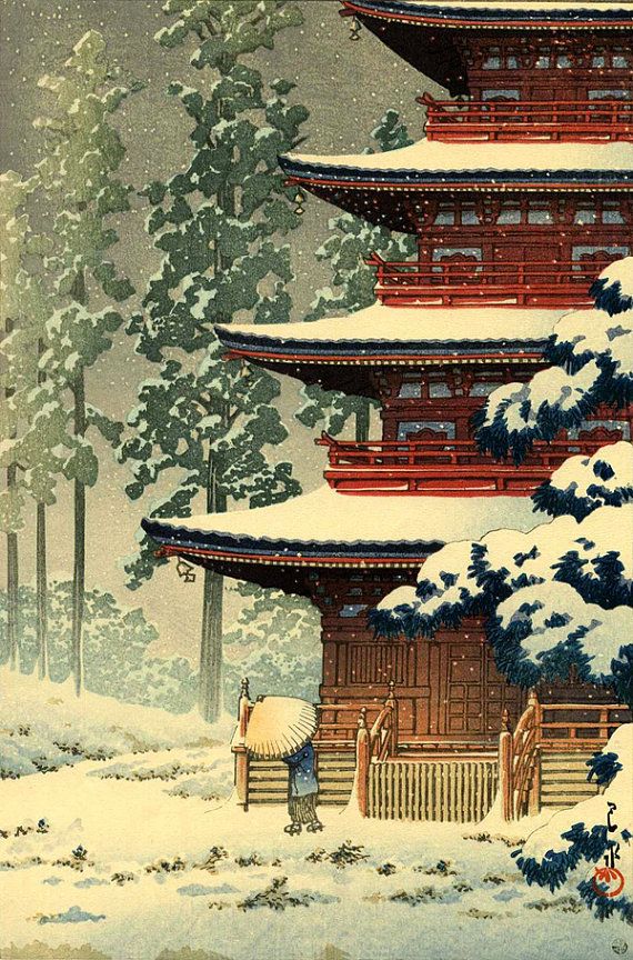570x864 Japanese Winter Snow Art Prints, Posters, Paintings, Woodblock - Japanese Pagoda Painting